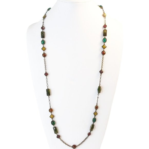 Vtg Avon Antique Gold Tone Multi Color Shape Bezel Set Station Necklace 34" - Picture 1 of 5
